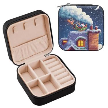 Imagem de Wassud Estojo de joias de viagem com Papai Noel voador para mulheres, meninas, senhoras, noiva, mini organizador de joias de couro PU, caixa quadrada de armazenamento de joias para brincos, anéis