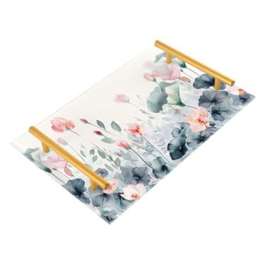 Imagem de Wassud Bandeja de banheiro com alças aquarela floral acrílico organizador de perfume para banheiro cozinha balcão 30 x 20 cm