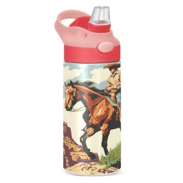Imagem de CEBUGI Garrafas de água Cowboy à prova de vazamento infantil com canudo Garrafa de água isolada a vácuo de aço inoxidável para meninos e meninas