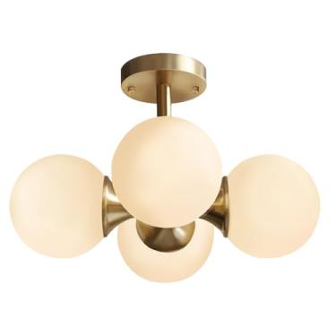 Imagem de Luminária de teto Modo Lighting em latão antigo com 4 lâmpadas, estilo meados do século XX, com globos de vidro fosco.