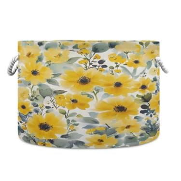 Imagem de WELLDAY Cesta de corda de algodão flores amarelas cesta de lavanderia de bebê para sala de estar, lavanderia, berçário, travesseiros, decoração de casa