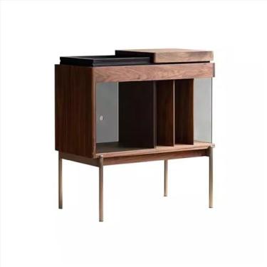 Imagem de Suporte para armazenamento de CDs Armário lateral para discos de vinil em madeira, estilo retrô minimalista, com porta vidro deslizante