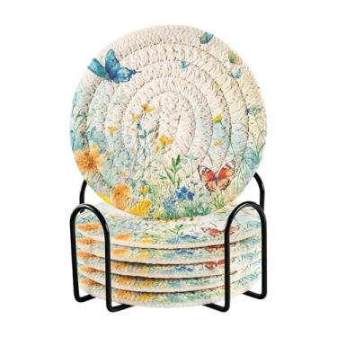 Imagem de SEHANY Elegante conjunto de 6 porta-copos de flores de borboleta com suporte, porta-copos redondos absorventes de algodão resistente ao calor para mesa de jantar, canecas de café, 10 cm