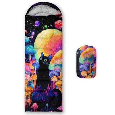 Imagem de QOOMO Sacos de dormir à prova d'água com cogumelo gato fofo para adultos e crianças, sacos de dormir impressos para acampamento, clima quente e frio, leve, viagem e ao ar livre, equipamentos de