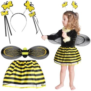Imagem de Bencailor Conjunto de 4 peças de fantasia de abelha de Halloween para crianças, fantasia de fada, inclui saia, asas, faixa de cabeça, varinha, vestido de fada, acessórios para meninas, festa de