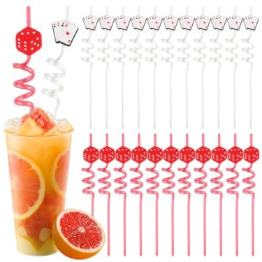 Imagem de 24 canudos reutilizáveis com glitter para decorações de despedida de solteira em Las Vegas, canudos de plástico para chá de panela com tema de cassino, dados, suprimentos de palha de festa de noivado