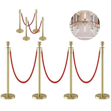 Imagem de la com Fita Vermelha 1,5 Metros, Kit 4 Pedestais Premium Organizador Separador, Adequado para situações em que as pessoas estão separadas, como em hotéis e filas