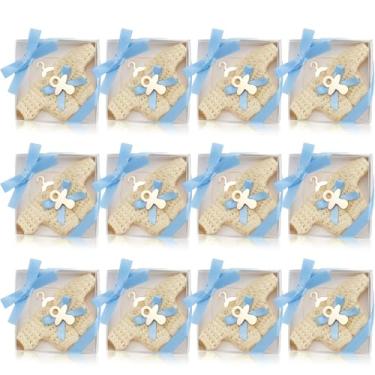 Imagem de Flutesan Conjunto de 12 ímãs de roupas de bebê de crochê para recém-nascidos, lembrancinhas de festa com laço azul, caixas de presente magnéticas, decoração de geladeira para convidados, celebração de