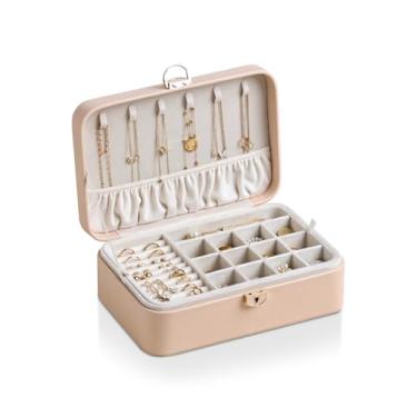 Imagem de CASEGRACE Caixa de joias de 2 camadas com bandeja removível, organizador de joias portátil para brincos, colares, anéis, presente para mulheres e meninas no aniversário do dia dos namorados (âmbar em