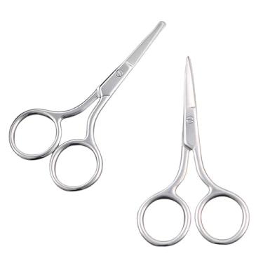 Imagem de 2 tesouras de bigode, mini aparador de pelos faciais masculinos/femininos, adequado para reparar barbas, pelos do nariz, cílios, etc. - Prata (curva e pontiaguda)