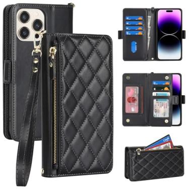 Imagem de Jaorty Capa carteira flip compatível com iPhone 14 Pro Max para Apple 14 Pro Max couro PU preto, losango para mulheres e homens, bolso com zíper, suporte, alça de pulso, porta-cartão, 17 cm
