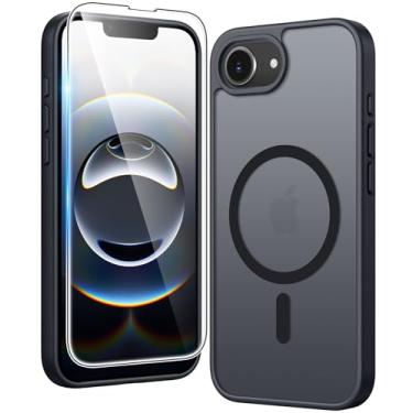 Imagem de FNTCASE Capa para iPhone 16e: Capa fina magnética fosca translúcida fosca de grau militar à prova de choque | Capas protetoras duráveis à prova de quedas finas (preto amassado)
