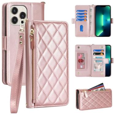 Imagem de Jaorty Capa carteira flip compatível com iPhone 13 Pro Max para Apple 12 Pro Max rosa couro PU, losango para mulheres e homens, bolso com zíper, suporte, alça de pulso, porta-cartão, 17 cm