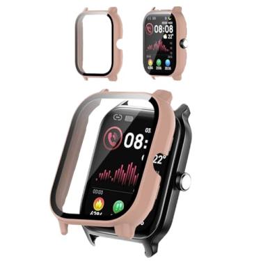 Imagem de Capa protetora compatível com smartwatch Tensky de 4,7 cm, capa rígida de policarbonato e protetor de tela de vidro temperado 9H - à prova de choque, resistente a arranhões, cobertura total (rosa)