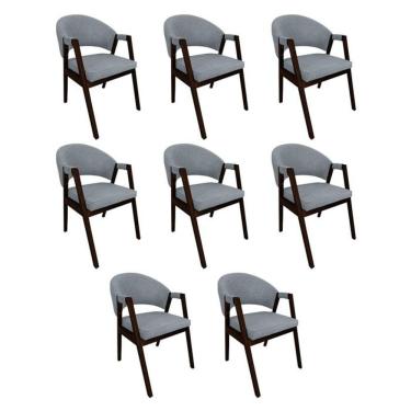 Imagem de Kit 8 Cadeiras De Jantar Madeira Maciça Helen Impermeável Castanho Cinza Linho
