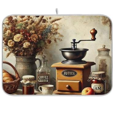 Imagem de Tapetes de secagem de pratos marrom café vintage, 40,6 x 45,7 cm, tapete de escorredor de pratos, secagem rápida para balcão de cozinha, decoração de casa de férias