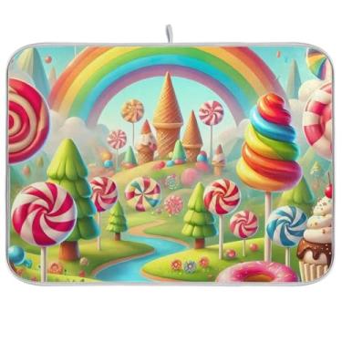 Imagem de Candy Land Tapete de secagem de pratos arco-íris, almofada absorvente, tapetes de escorredor de pratos de microfibra para decoração de bancada de cozinha, 40,6 x 45,7 cm