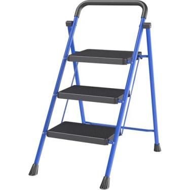 Imagem de Banqueta azul dobrável com 3 degraus – Banqueta dobrável resistente para adultos, capacidade de 226 kg, pés antiderrapantes e degraus largos, estrutura de aço resistente, design leve e econômico para