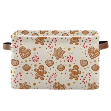 Imagem de Cestas de armazenamento dobráveis com alças – 36 cm x 26 cm cestas de prateleira de lona dobráveis de tecido para prateleiras, escritório doméstico fofo biscoito de Natal bege, 1 pacote