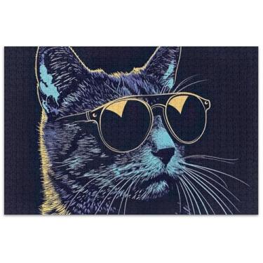 Imagem de Gato com óculos de sol preto quebra-cabeça 1000 peças para adultos arte brinquedo pintura família quebra-cabeças elefante branco presentes engraçados