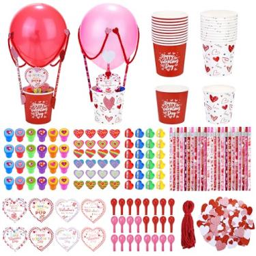 Imagem de Aneco 24 Sets Valentines Day Gifts for Class Served for 24 Students Stationery Set Gift with Paper Buckets DIY Pencils Sharpeners Cards Seals Cups Erasers Balloons Stickers for School Classmates
