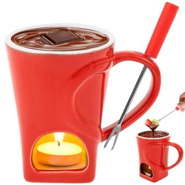 Imagem de Conjunto de canecas de fondue de chocolate com garfo, pote de chocolate derretido, panela de fondue de cerâmica, copo aquecedor de queijo, conjunto de fondue de vela leve para encontro à noite, festa