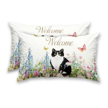 Imagem de HOMETITUTE Welcome Spring Fronhas Decorativas Pacote com 2 Fronhas de Cetim 30 x 50 cm Arte Floral Lombar para Sofá Sofá Sala de Estar Casa de Fazenda Decorações de Feriado