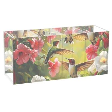 Imagem de TSENQUE Porta-canetas coloridas de beija-flores tropicais fofas para mesa, organizador de lápis de acrílico para escritório, porta-canetas