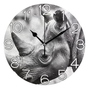 Imagem de GAIGEO Relógio de parede analógico decorativo funky alimentado por bateria relógio de escritório cozinha, decoração de parede retrô moderna art déco, rinoceronte legal preto branco animal, 25 cm
