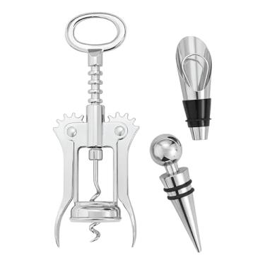 Imagem de Kit Acessórios para Vinho em Aço Inox, 3 Peças com Saca-Rolhas, Rolha e Dosador, Acabamento Cromado