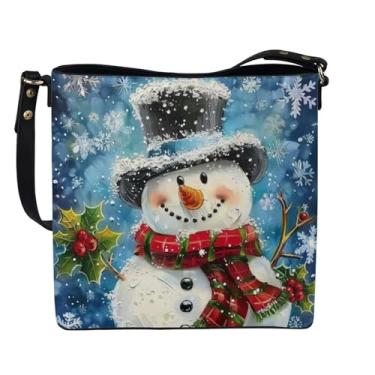 Imagem de HUGS IDEA Linda bolsa feminina de couro com estampa de boneco de neve bolsa balde de ombro elegante bolsa transversal de grande capacidade com alça superior, Boneco de neve fofo de Natal