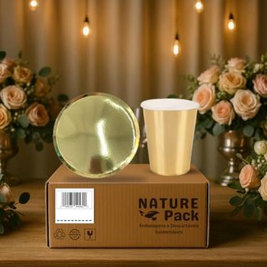 Imagem de Kit Festa Descartáveis Dourado 16 Copos + 16 Pratos + 20 Guardanapos