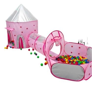 Imagem de Barraca Infantil Rosa 3 em 1 com Túnel e Piscina de Bolinhas, Cesta de Basquete Integrada, Toca Dobrável Portátil para Meninas