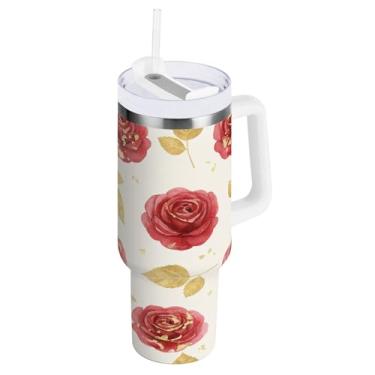 Imagem de Wassud Copo de folhas de rosas com alça e tampa de canudo copo isolado garrafa de água de aço inoxidável à prova de vazamento caneca de viagem presentes para mulheres 1,134 g