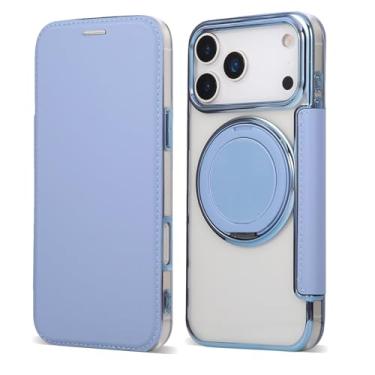 Imagem de Capa carteira para iPhone 17 Pro Max com 3 compartimentos para cartão, bloqueio RFID, suporte de anel giratório de 360° e compatibilidade magnética, capa traseira transparente à prova de choque