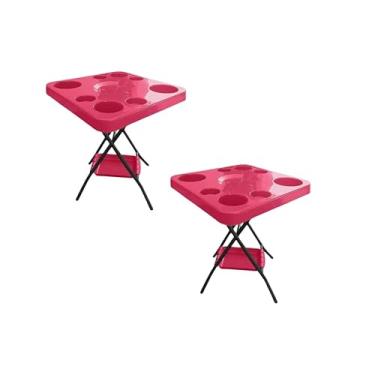 Imagem de Kit 2 Mesinhas Dobráveis para Churrasco e Piscina com Porta Copos e Garrafas(Vermelho)