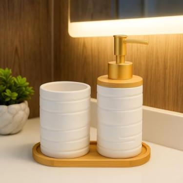 Imagem de Kit Banheiro Lavabo em Cerâmica com Dispenser para Sabonete Líquido e Porta Escova de Dente Decorativo(BRANCO BAMBU LINHAS)
