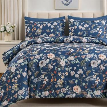 Imagem de LLDSYW Conjunto de edredom Queen de 7 peças, estampa floral de borboleta azul pavão com estampa de folhas de flores, conjunto de cama completo de microfibra macia para todas as estações (azul pavão