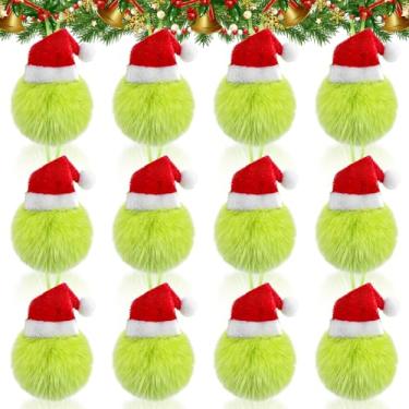 Imagem de 12 peças de enfeites de bola de Natal peluda verde limão, bola de pompom de 6 cm com chapéu de Natal, decoração para pendurar na árvore, verde, Natal, casa, escola, escritório, decoração pendurada