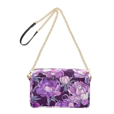 Imagem de Joitme Bolsa tiracolo feminina bolsa para celular alça de corrente couro PU bolsa de ombro flores peônia roxa estética
