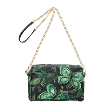 Imagem de Joitme Bolsa feminina tiracolo bolsa para celular bolsa de ombro de couro PU com alça de corrente preto verde borboletas Leavf preto