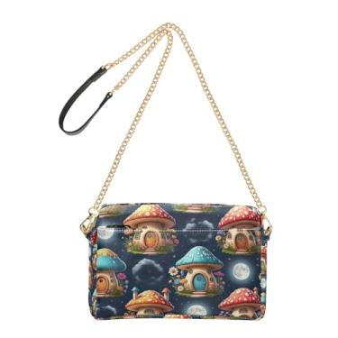Imagem de Bolsa tiracolo feminina bolsa para celular alça de corrente de couro PU bolsa de ombro fofa casa cogumelo lua