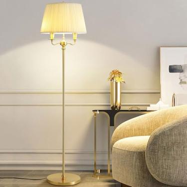 Imagem de Luminária de chão de luxo dourada com cúpula de tecido, luminária vertical de metal polido, luminária alta decorativa para interiores, interruptor de pé para sala de estar, quarto ou escritó
