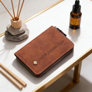 Imagem de Carteira masculina clássica marrom claro com padrão xadrez horizontal de couro liso, design horizontal clássico com alça, couro liso, confortável