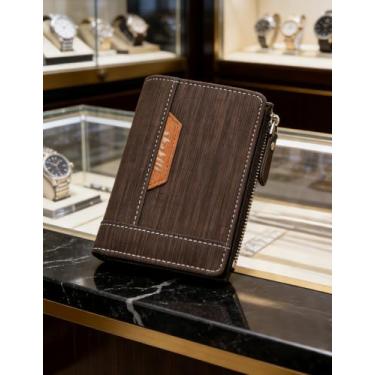 Imagem de Carteira masculina de couro curto com zíper, couro macio casual com zíper (marrom escuro)