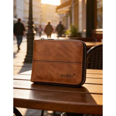 Imagem de Carteira masculina de couro curta com zíper, design casual macio com fecho seguro (cinza-acinzentado)