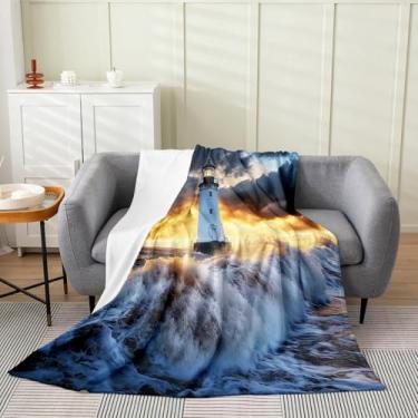 Imagem de Erosebridal Cobertor de farol Queen 90 x 90, cobertor de onda do mar para crianças, meninas, meninos, cobertor de lã de microfibra costeira ilha marítima para sofá-cama sofá, tema náutico 3D, cobertor