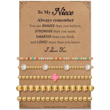 Imagem de Pulseira de contas de placa de ouro para mulheres: Pulseira de cruz de pérola delicada banhada a ouro 14K extensível para mulheres - Presentes de aniversário de Natal para filha, sobrinha, neta, 6.7