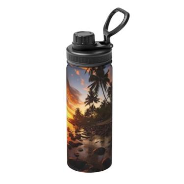 Imagem de Dusk Coconut Trees Print 510.3 g Sports Chaleira isolada garrafas de água de aço inoxidável ao ar livre, garrafa de água à prova de vazamento