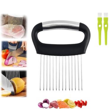 Imagem de Suporte de cebola grande para fatiar, cortador de cebola extragrande, fatiador de vegetais de aço inoxidável para batatas/limões, ovos, ferramenta assistente de fatiador de alimentos para frutas e